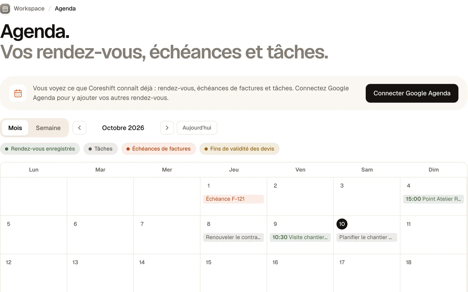 L’agenda de Coreshift : vos rendez-vous, échéances de factures et tâches du mois, avec la connexion à Google Agenda (données d’exemple).