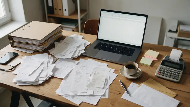 Bureau d’un cabinet comptable couvert de factures et de justificatifs