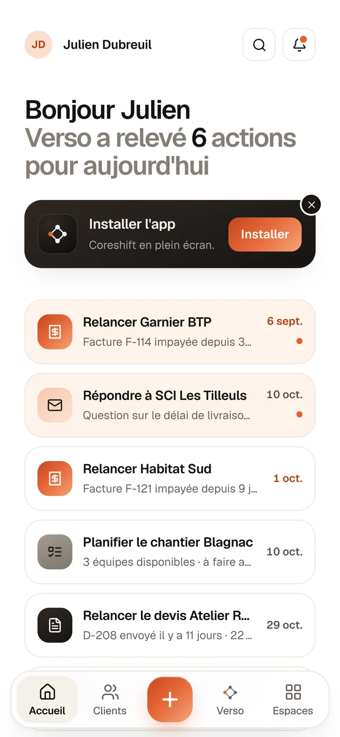 Coreshift sur téléphone : l’accueil, le bouton « Installer l’app » et la barre d’accès rapide avec le bouton « + » pour capturer (données d’exemple).